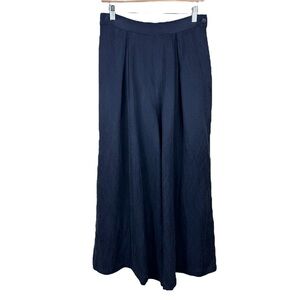 SILVAE Navy Blue Linen Cupro Blend Wide Leg Cropped Trousers